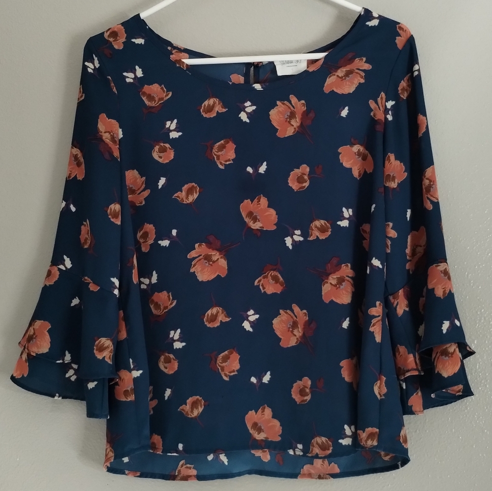 Sienna Sky Navy Blouse with Rust Floral Design